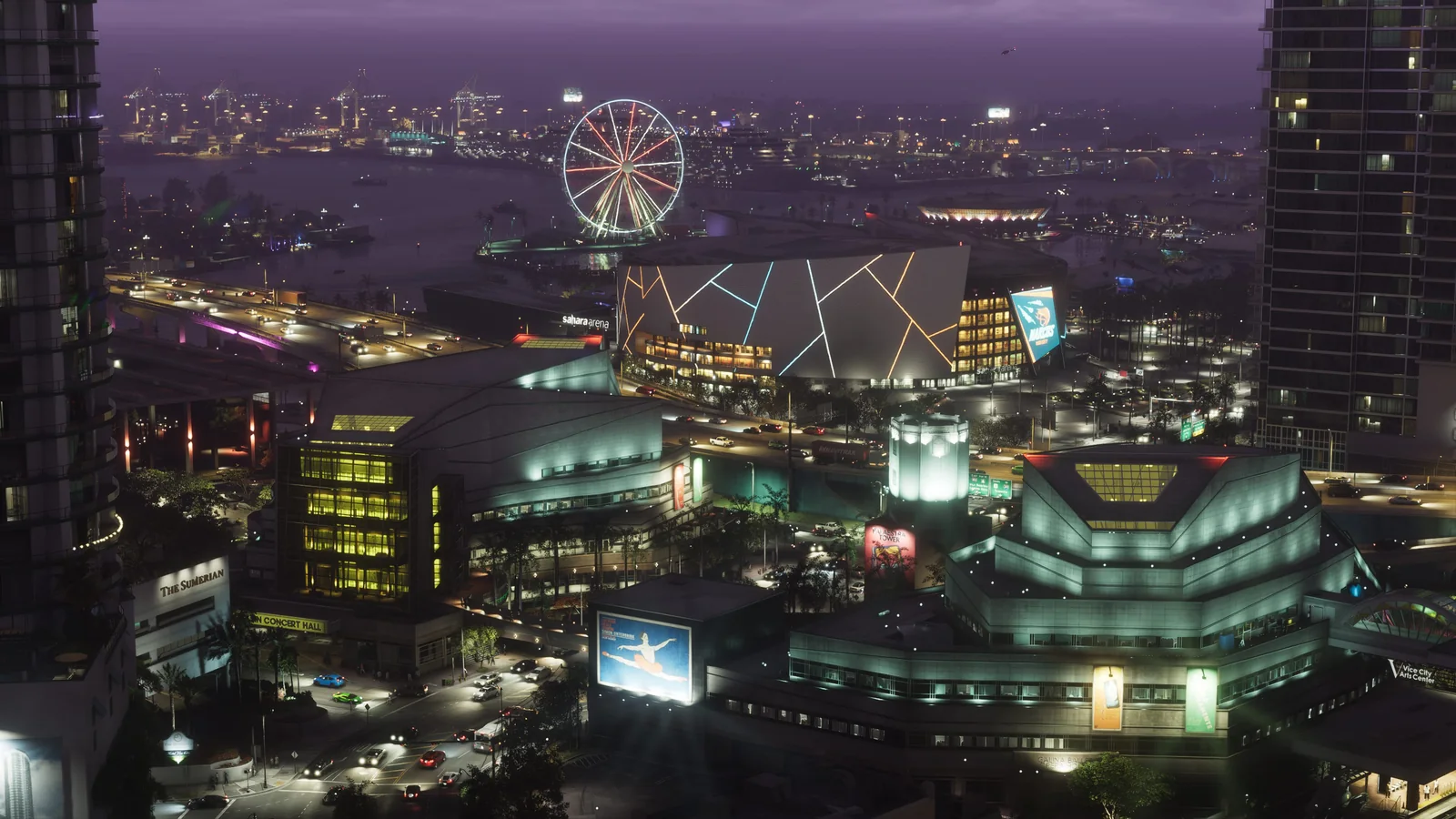Official GTA VI screenshot of the Vice City skyline after dark