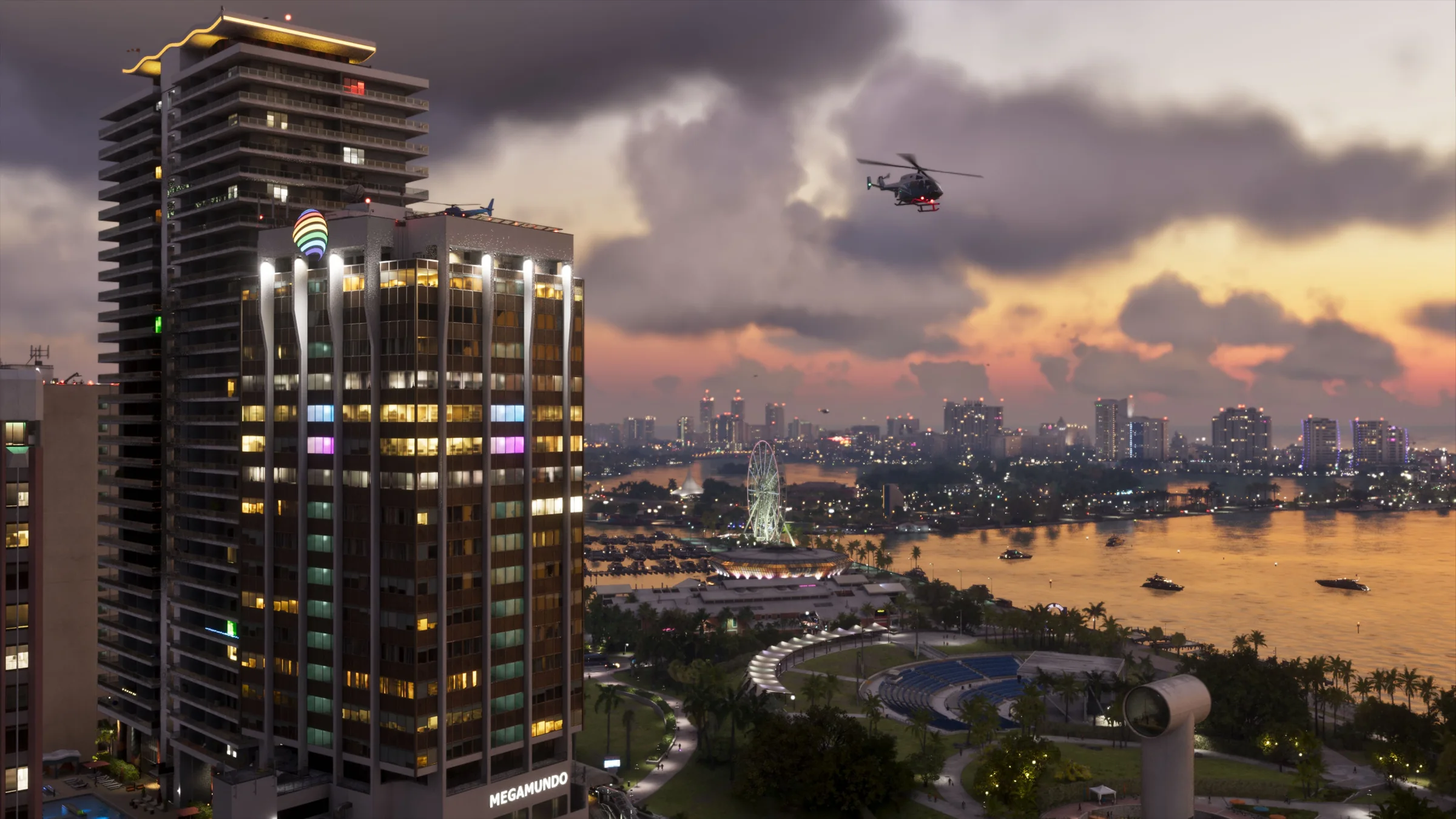 Official GTA VI screenshot of the Vice City waterfront at sunset